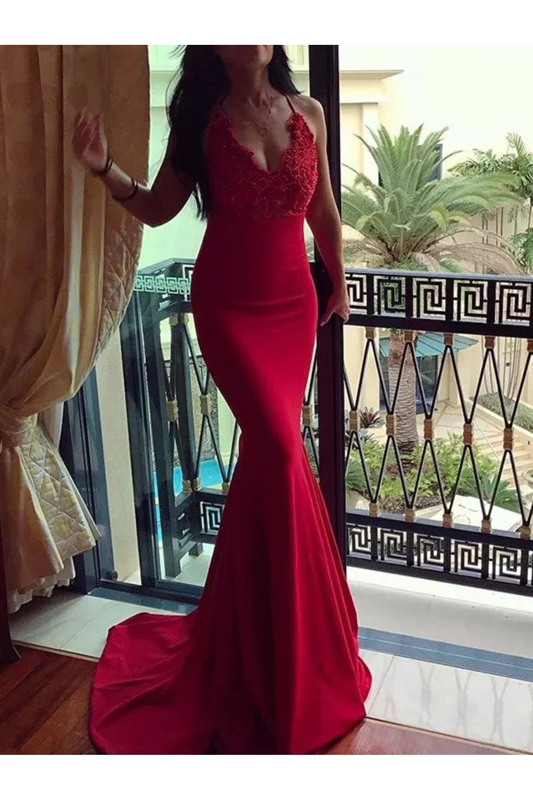 DingJiDress Trumpet/Mermaid Prom Dresses Sleeveless Straps Sweep/Brush Train Applique Spandex