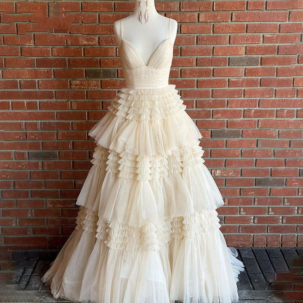 DingJiDress Evening Dresses Elegant A Line Tulle Layered Deep V Neck Prom Dresses High Slit Black