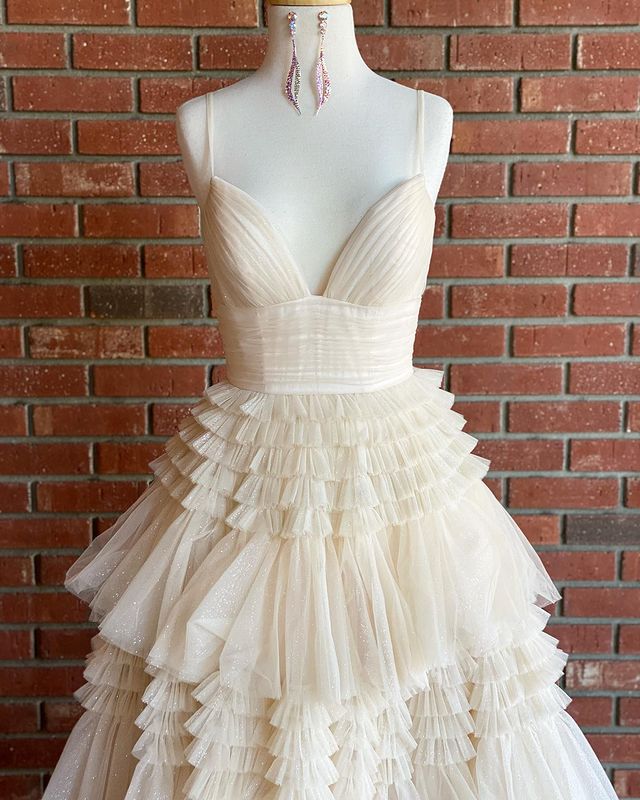 DingJiDress Evening Dresses Elegant A Line Tulle Layered Deep V Neck Prom Dresses High Slit Black