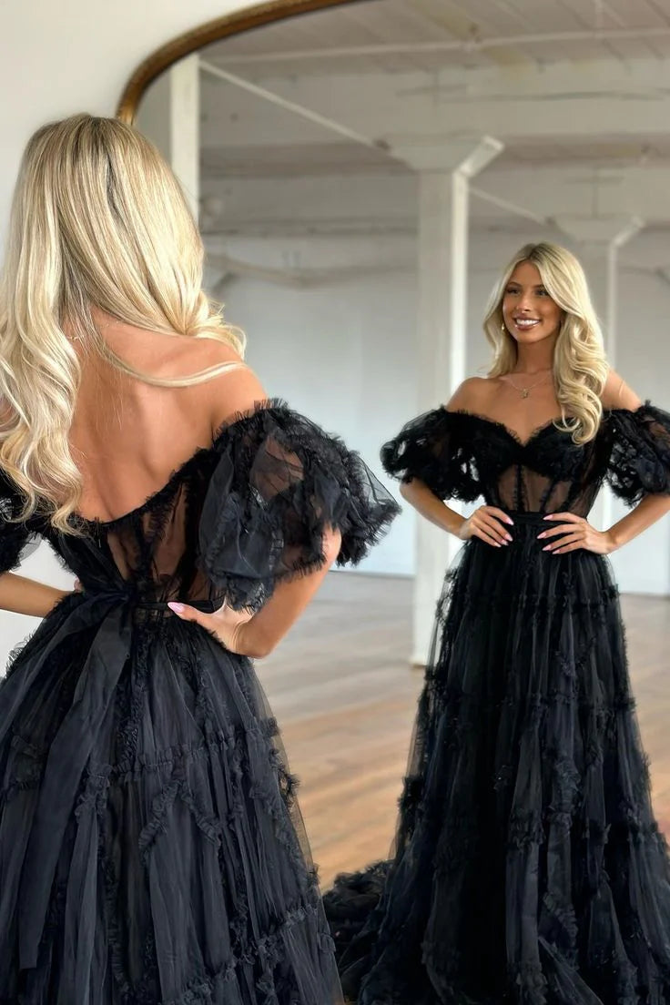 DingJiDress A Line Off the Shoulder Tulle Prom Dresses For Woman