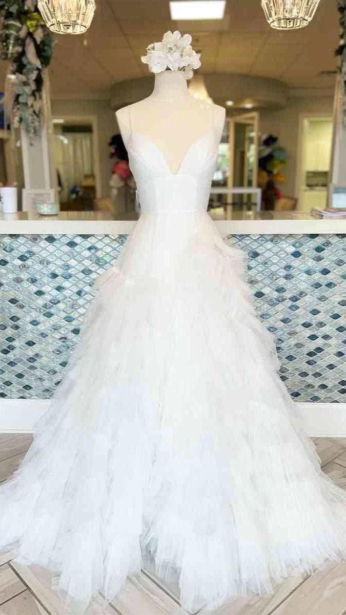 DingJiDress A-Line Spaghetti Straps Tulle Tiered Princecss Prom Dress