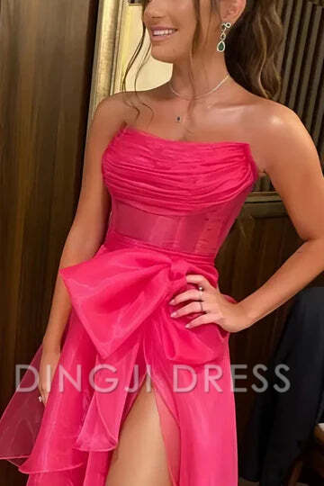 DingJiDress Formal Dress Elegant A-Line Bateau Strapless Ruched Tiered Side Fork Party Fashion Prom Dress