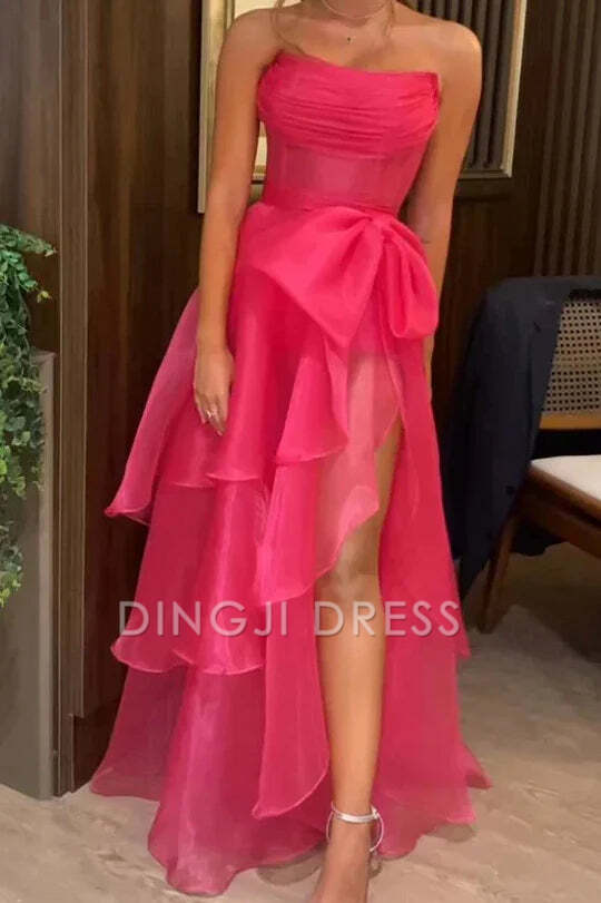 DingJiDress Formal Dress Elegant A-Line Bateau Strapless Ruched Tiered Side Fork Party Fashion Prom Dress