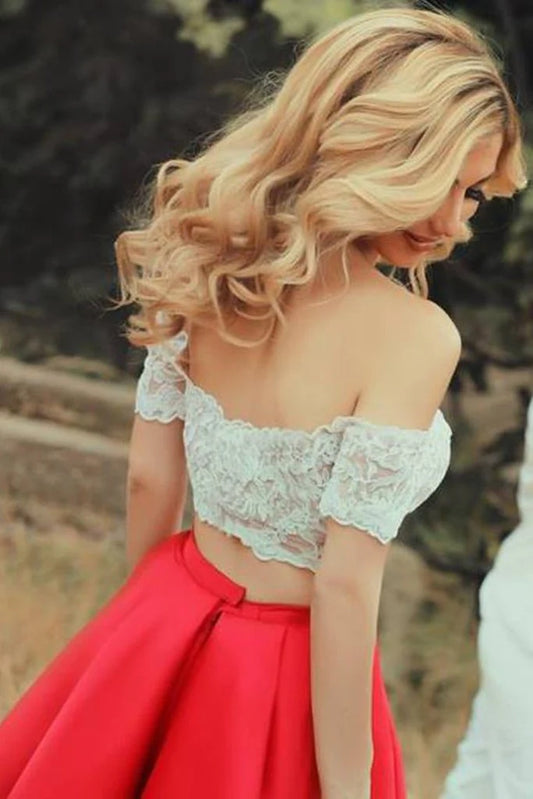DingJiDress Prom Dresses Two-Piece Off The Shoulder A Line Satin With Applique