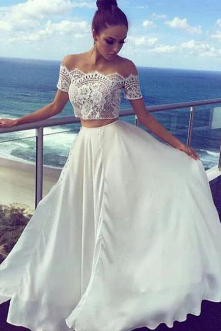 DingJiDress A-Line Two Pieces Prom Dresses Off-the-Shoulder Ivory Short Sleeve