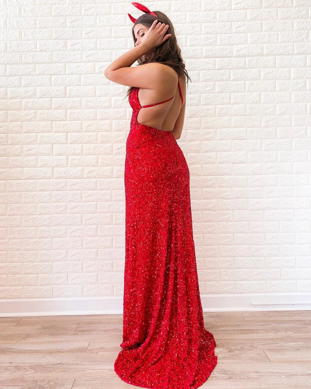 DingJiDress Long Prom Dresses Mermaid Spaghetti Straps Embroidery Red Satin Sequins V Neck