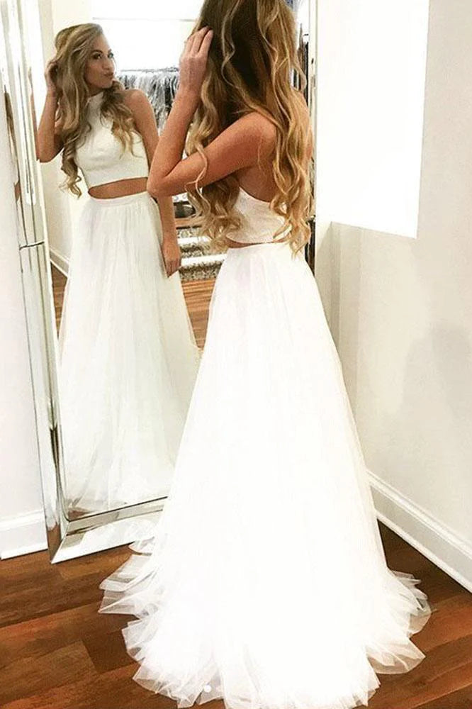 DingJiDress Prom Dresses Two Pieces White Halter Tulle Long Dance Dresses