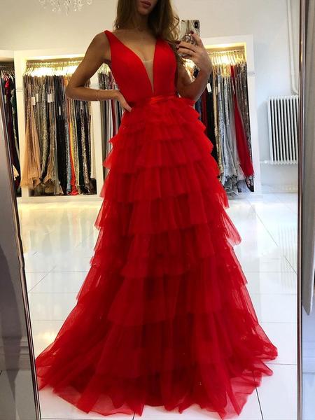 DingJiDress Prom Dresses Unique V Neck Red Ruffles Tulle Layered