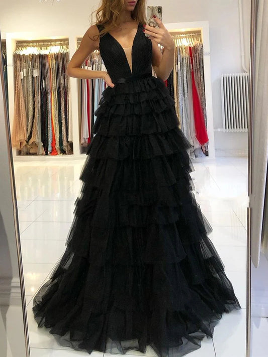 DingJiDress Prom Dresses Unique V Neck Red Ruffles Tulle Layered