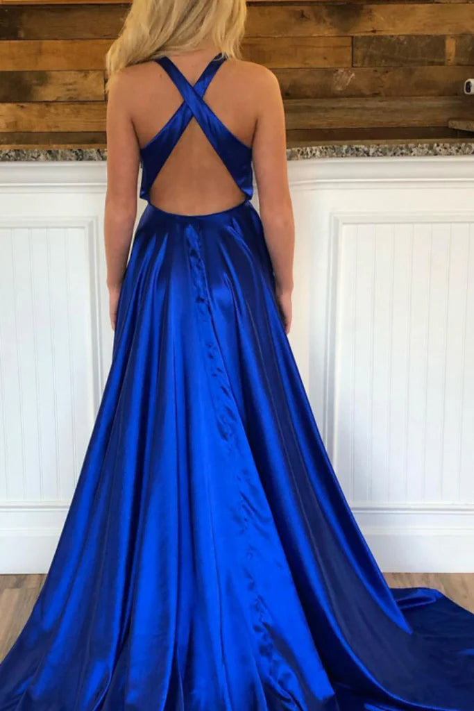 DingJiDress A Line Prom Dresses V Neck Sweep Train Slit Ruffles Sweep Train