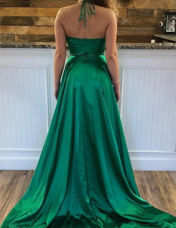 DingJiDress V Neck A Line Prom Dresses Sweep Train Slit Ruffles