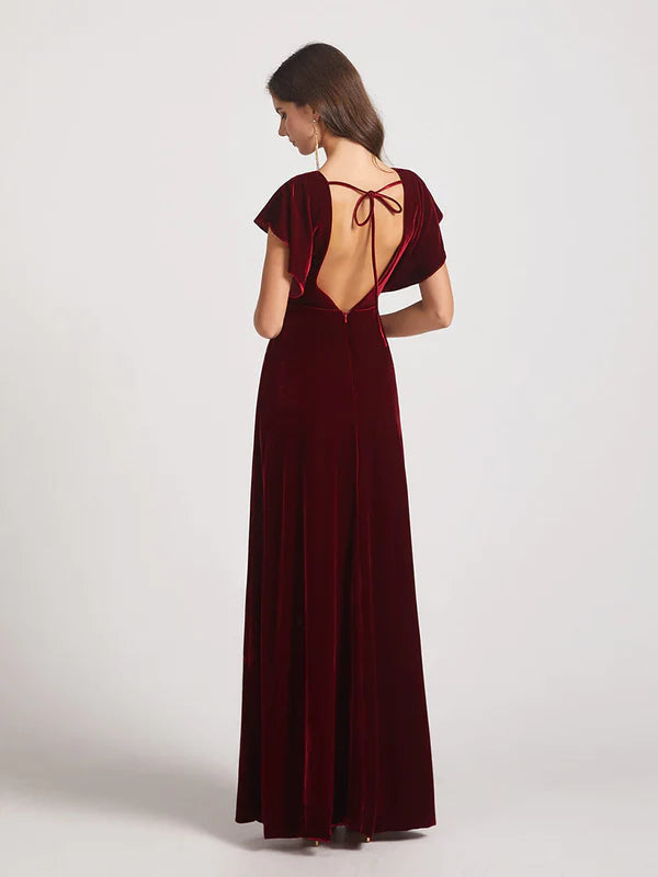 DingJiDress Flutter Sleeve Open Back Velvet Bridesmaid Dresses