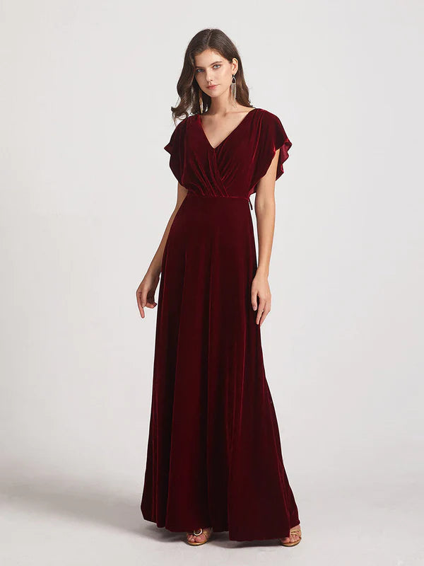 DingJiDress Flutter Sleeve Open Back Velvet Bridesmaid Dresses