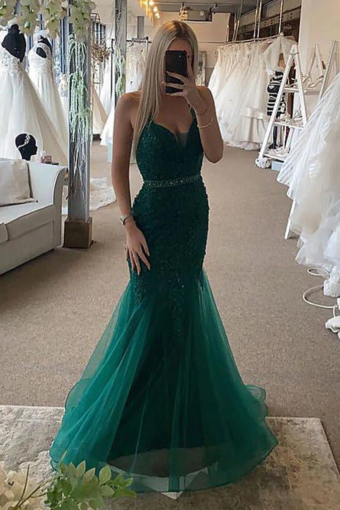 DingJiDress Prom Dresses V Neck Long Mermaid Belt Beaded Luxury Backless