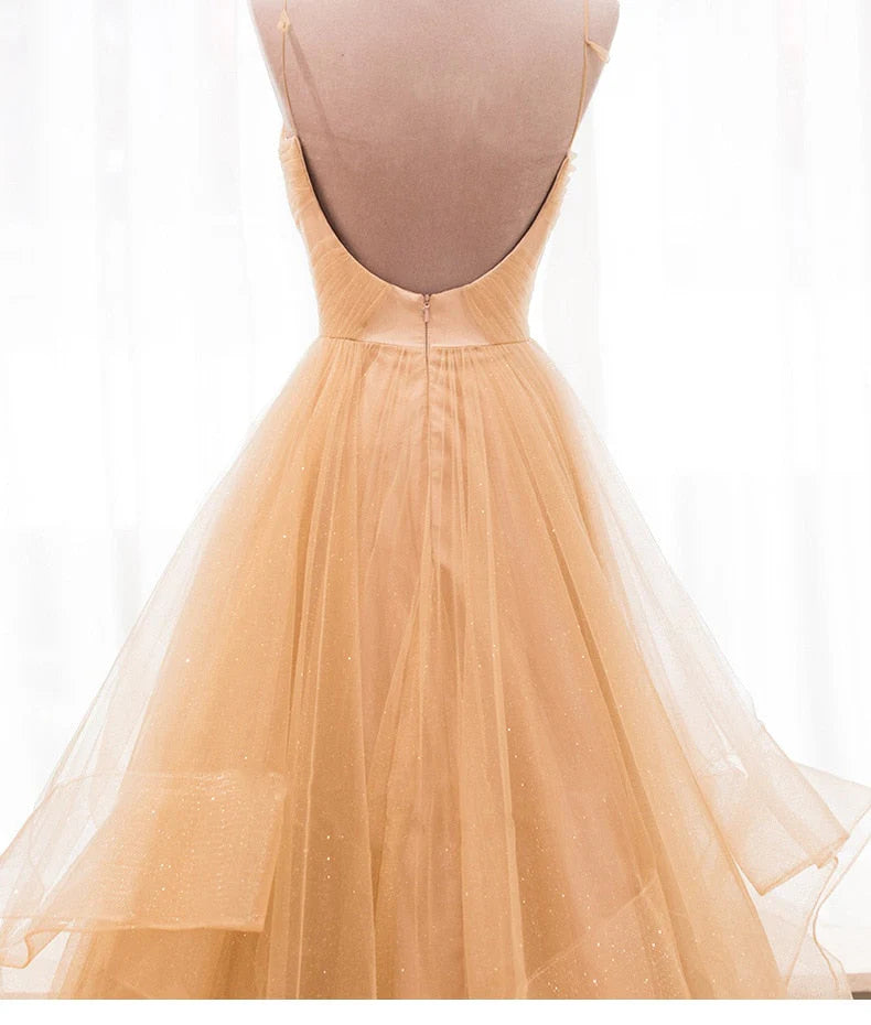 DingJiDress V Neck Straps A-Line Prom Dress Tulle Floor Length