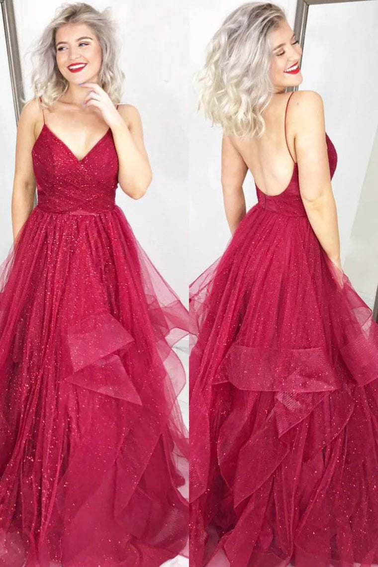 DingJiDress V Neck Straps A-Line Prom Dress Tulle Floor Length