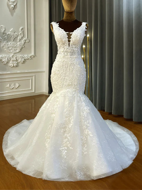 DingJiDress Beach Straps Illusion V Neck Applique Mermaid Wedding Dresses