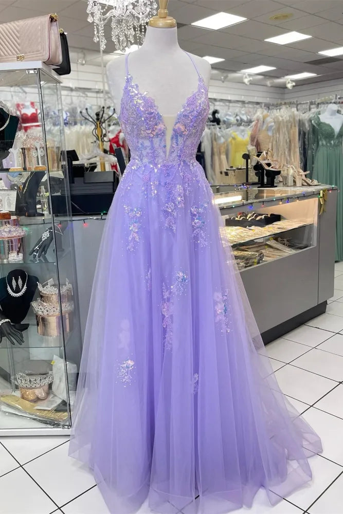 DingJiDress Formal Dress Elegant A-Line V-Neck Spaghetti Straps Backless Lace Up Appliques Tulle Charming Prom Dress