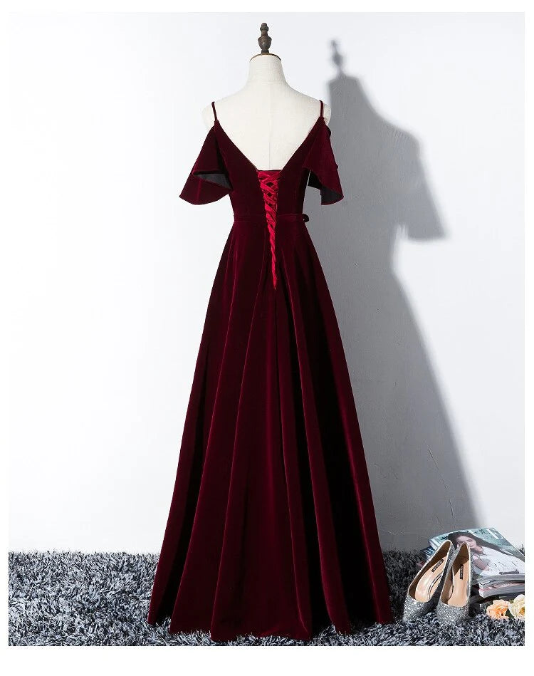 DingJiDress Velvet A Line Straps Prom Dresses With Flounced Floor Length