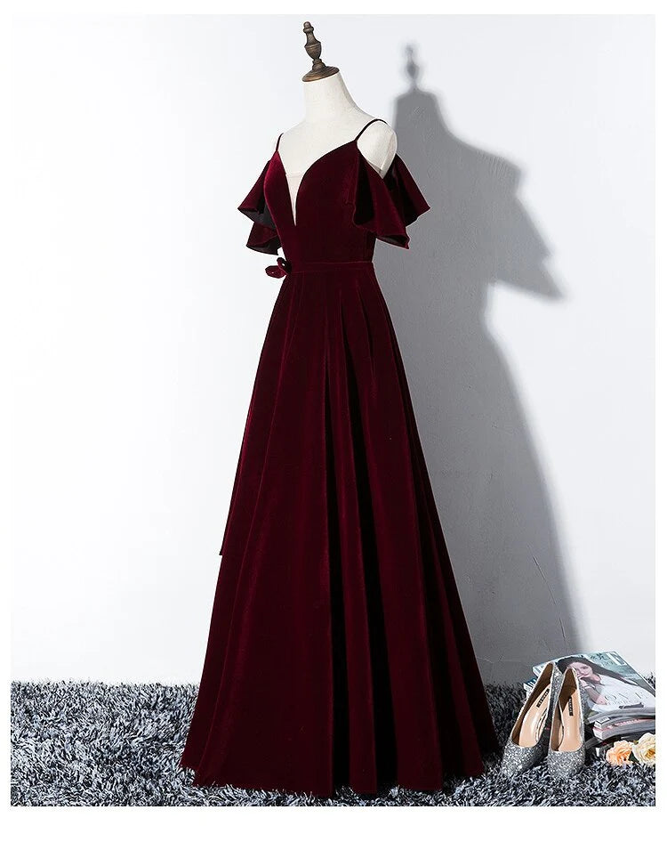 DingJiDress Velvet A Line Straps Prom Dresses With Flounced Floor Length