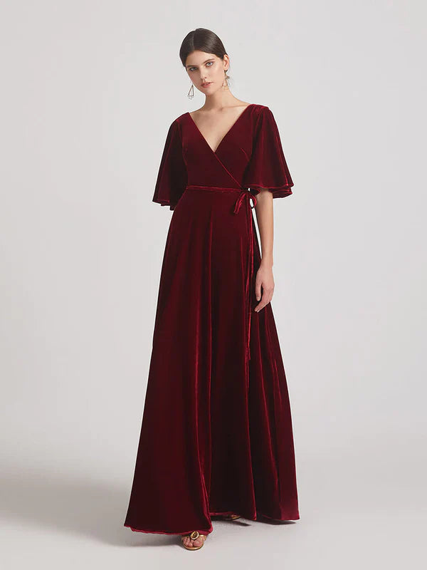 DingJiDress Elbow Length Flutter Sleeve Velvet Maxi Bridesmaid Dresses
