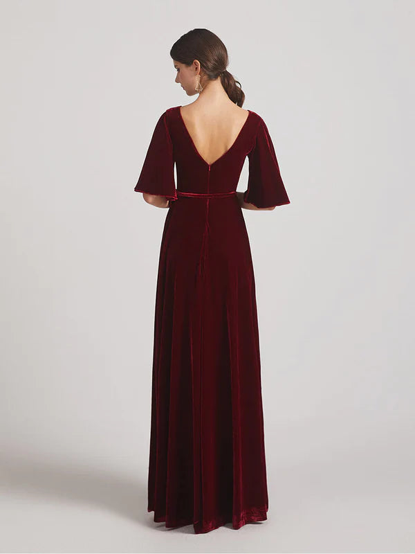 DingJiDress Elbow Length Flutter Sleeve Velvet Maxi Bridesmaid Dresses