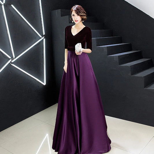 DingJiDress Prom Dresses Velvet & Satin A Line Long Sleeve V Neck With Bowknot