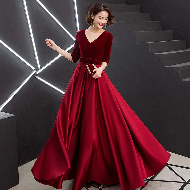 DingJiDress Prom Dresses Velvet & Satin A Line Long Sleeve V Neck With Bowknot