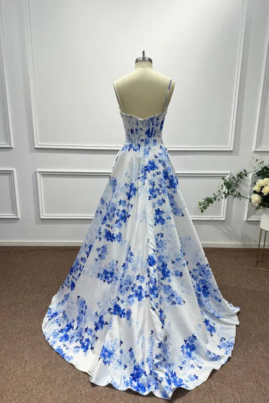 Vibrant A-Line Sweetheart Neck Sleeveless Floral Blue & White Maxi Prom Dress for Women Ready to Ship