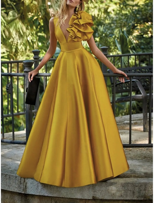 Vibrant A-line V-Neck Sleeveless Ruffled Mustard Yellow Floor-Length Prom Dress For Women