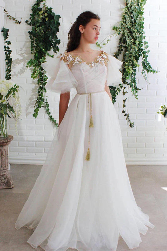 DingJiDress Prom Dresses Vintage A Line Chic Long White Short Sleeves Scoop Neck