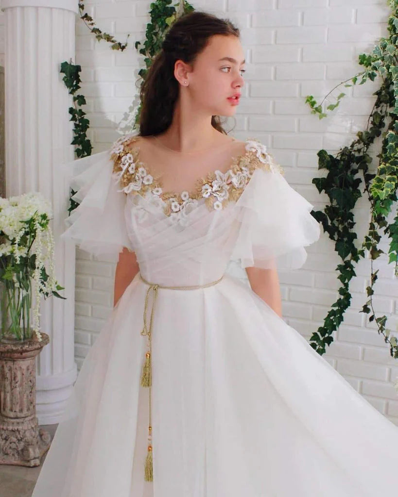 DingJiDress Prom Dresses Vintage A Line Chic Long White Short Sleeves Scoop Neck