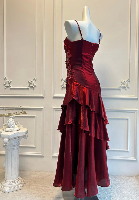 Vintage Mermaid Spaghetti Straps Ruffled Burgundy Tea-Length Prom Dress For Women Custom
