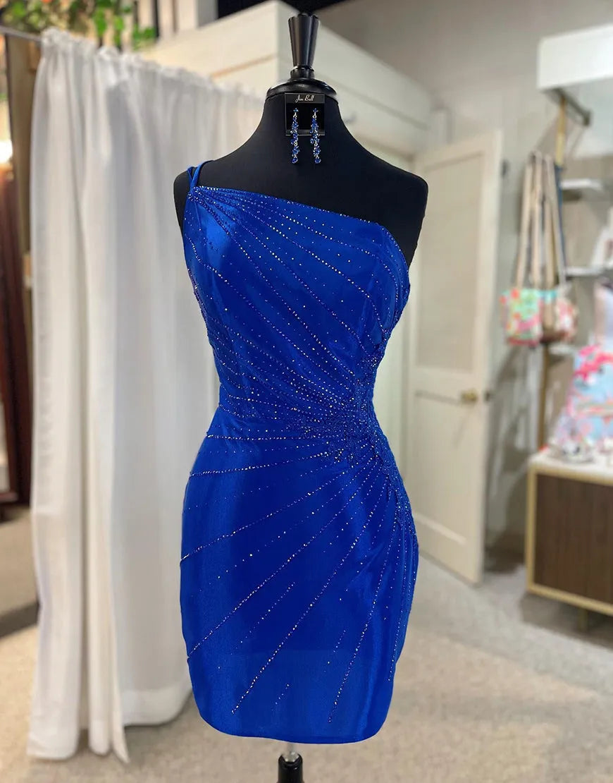 DingJiDress Royal Blue One Shoulder Tight Glitter Homecoming Dress