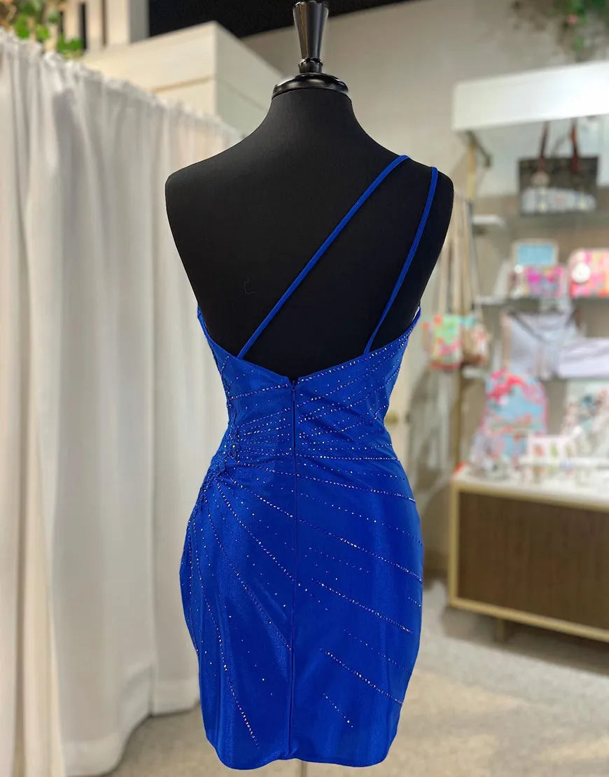 DingJiDress Royal Blue One Shoulder Tight Glitter Homecoming Dress