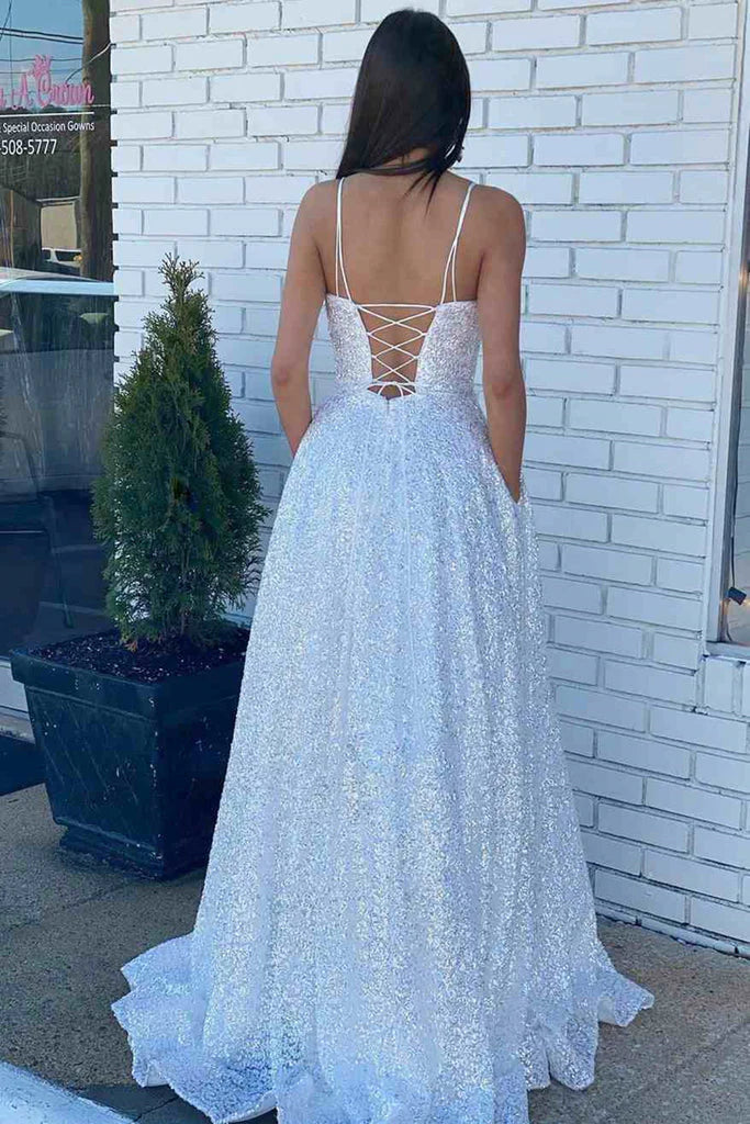 DingJiDress Evening Dress White Open Back Long Prom Dresses Sequins Pocket