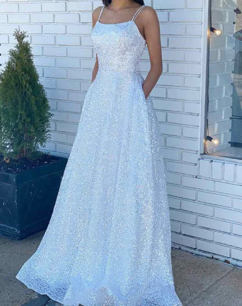 DingJiDress Evening Dress White Open Back Long Prom Dresses Sequins Pocket