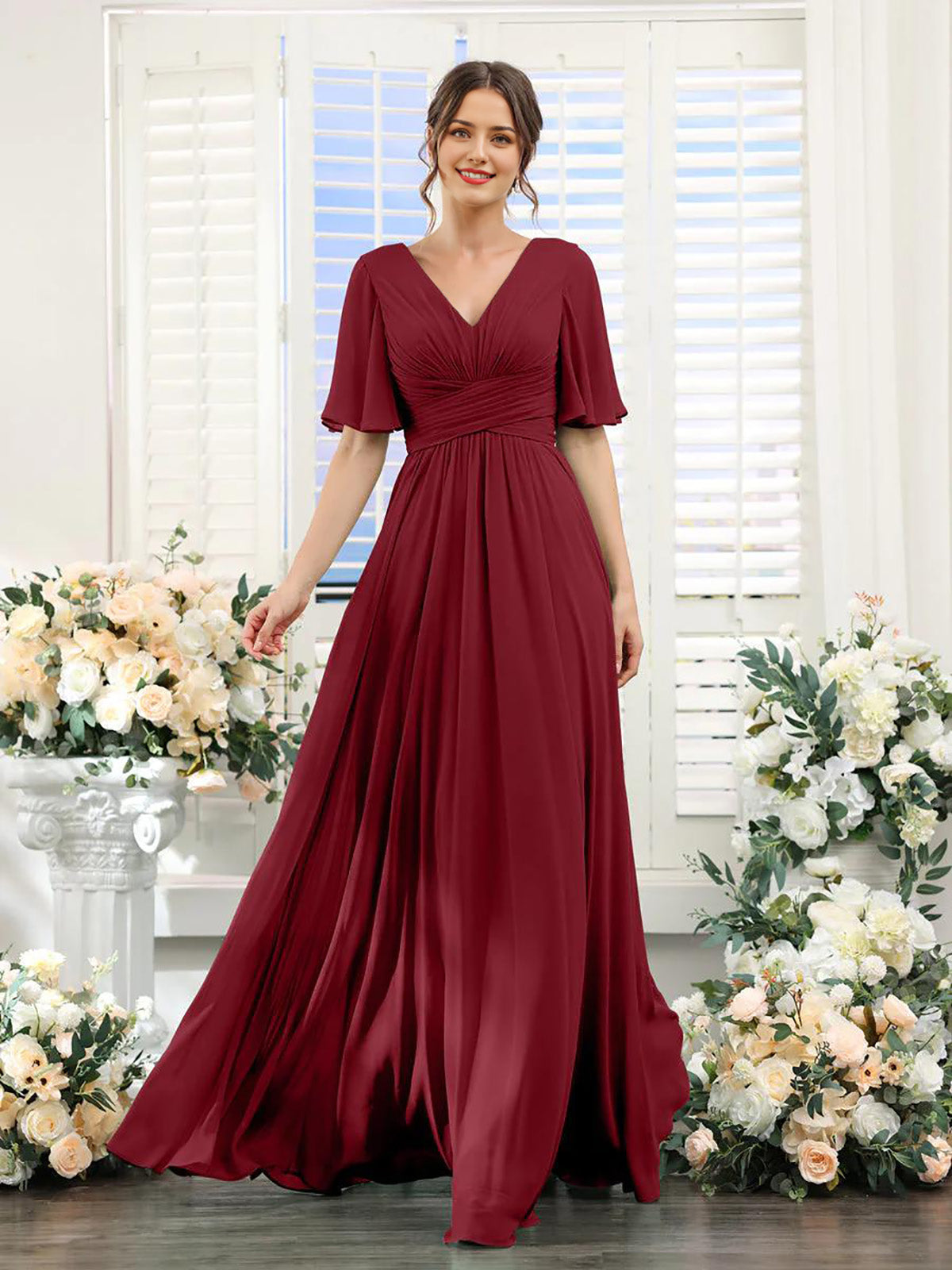 DingJiDress A-Line Bridesmaid Dress V-Neck Sleeve for Wedding Guest Long Formal Party Dresses with Slit