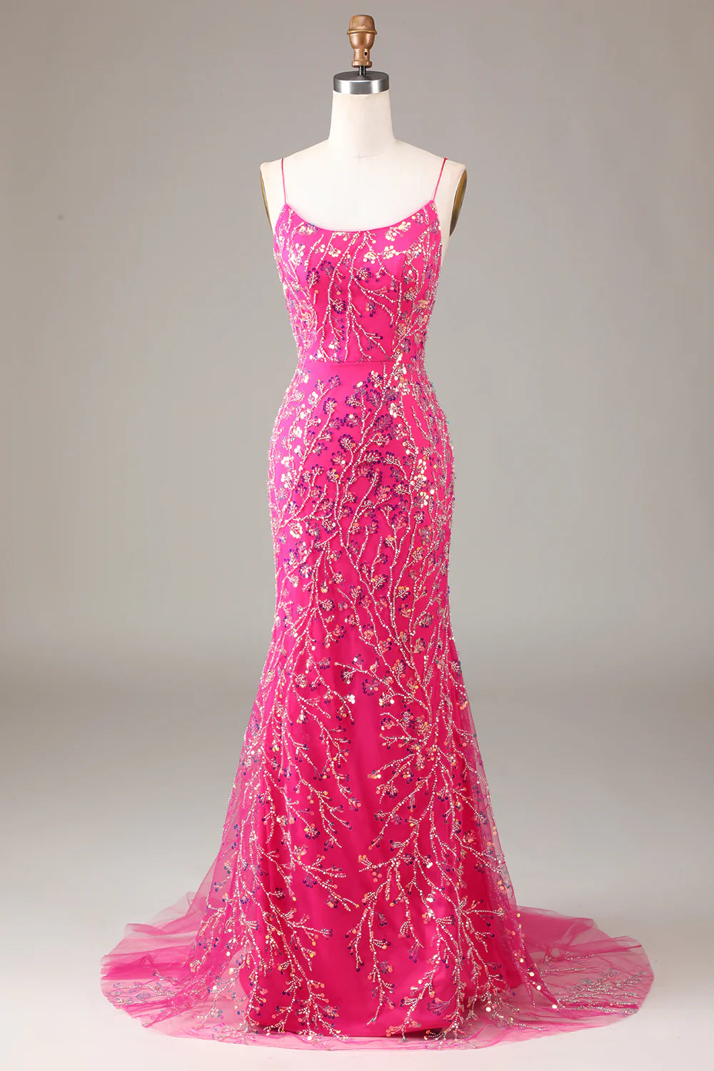 DingJiDress Hot Pink Sequins & Beaded Mermaid Prom Dress with Backless