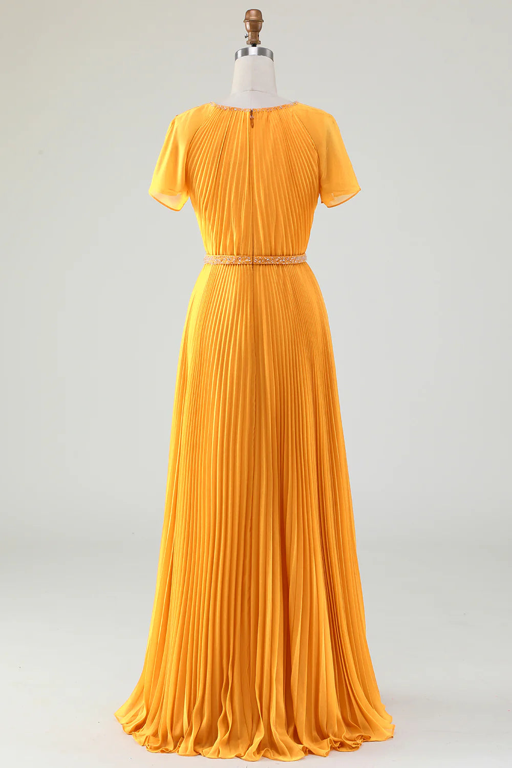 DingJiDress Yellow A Line Bridesmaid Dresses Round Neck Pleated Mother of Bride Dress With Short Sleeves