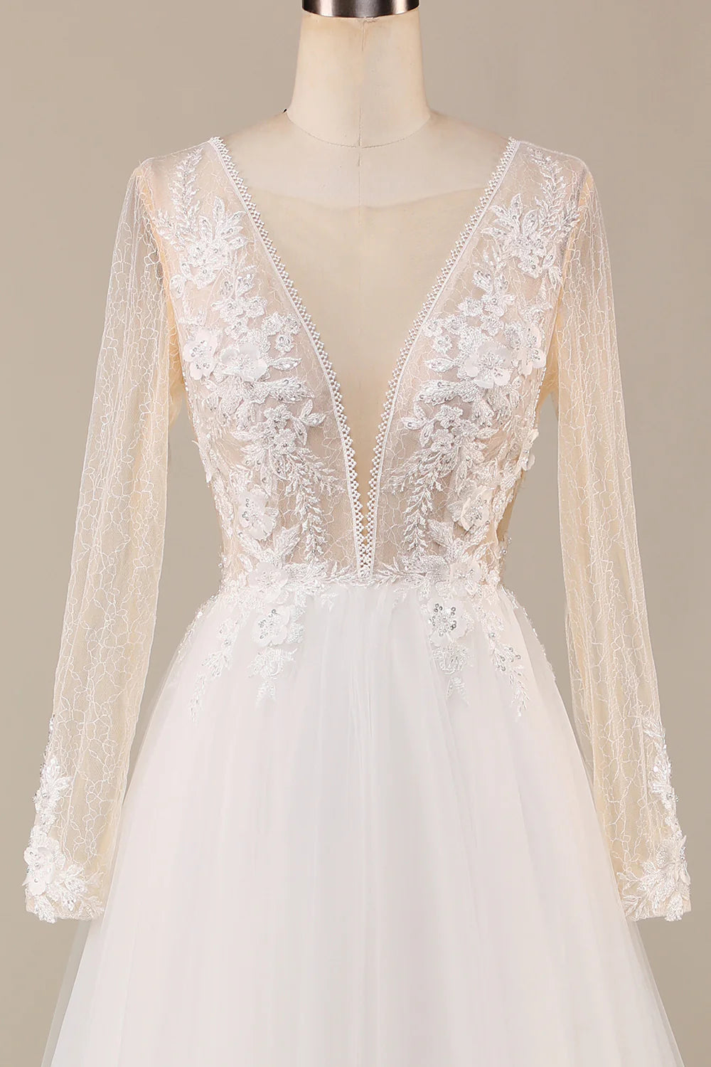 DingJiDress A Line Deep V-Neck Ivory Tulle Sweep Train Wedding Dress with Lace