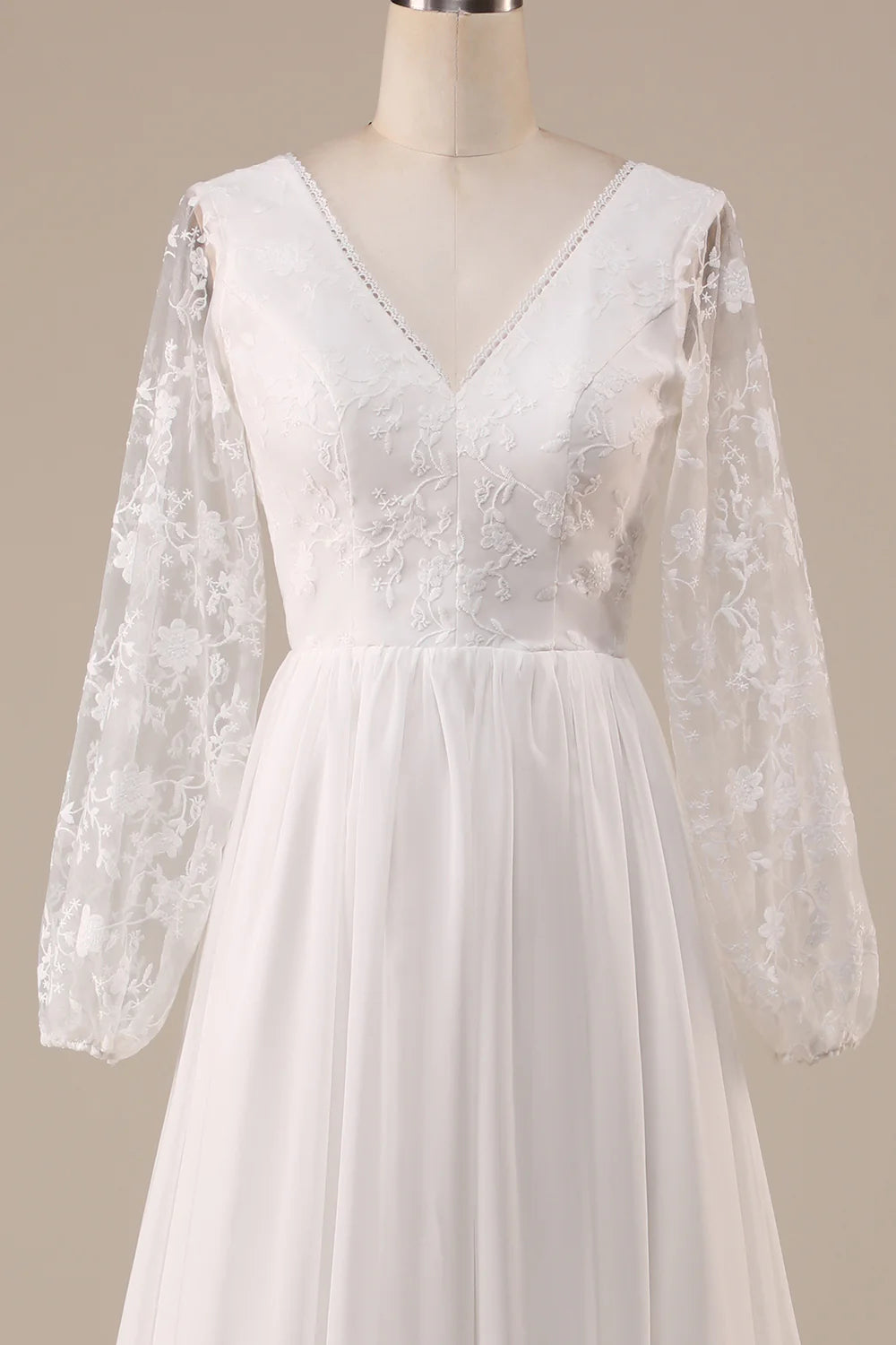 DingJiDress Ivory Chiffon Sweep Train Boho Wedding Dress with Lace
