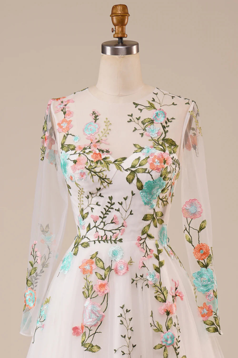 DingJiDress Tulle Long Sleeves Long Ivory Wedding Dress with Embroidery