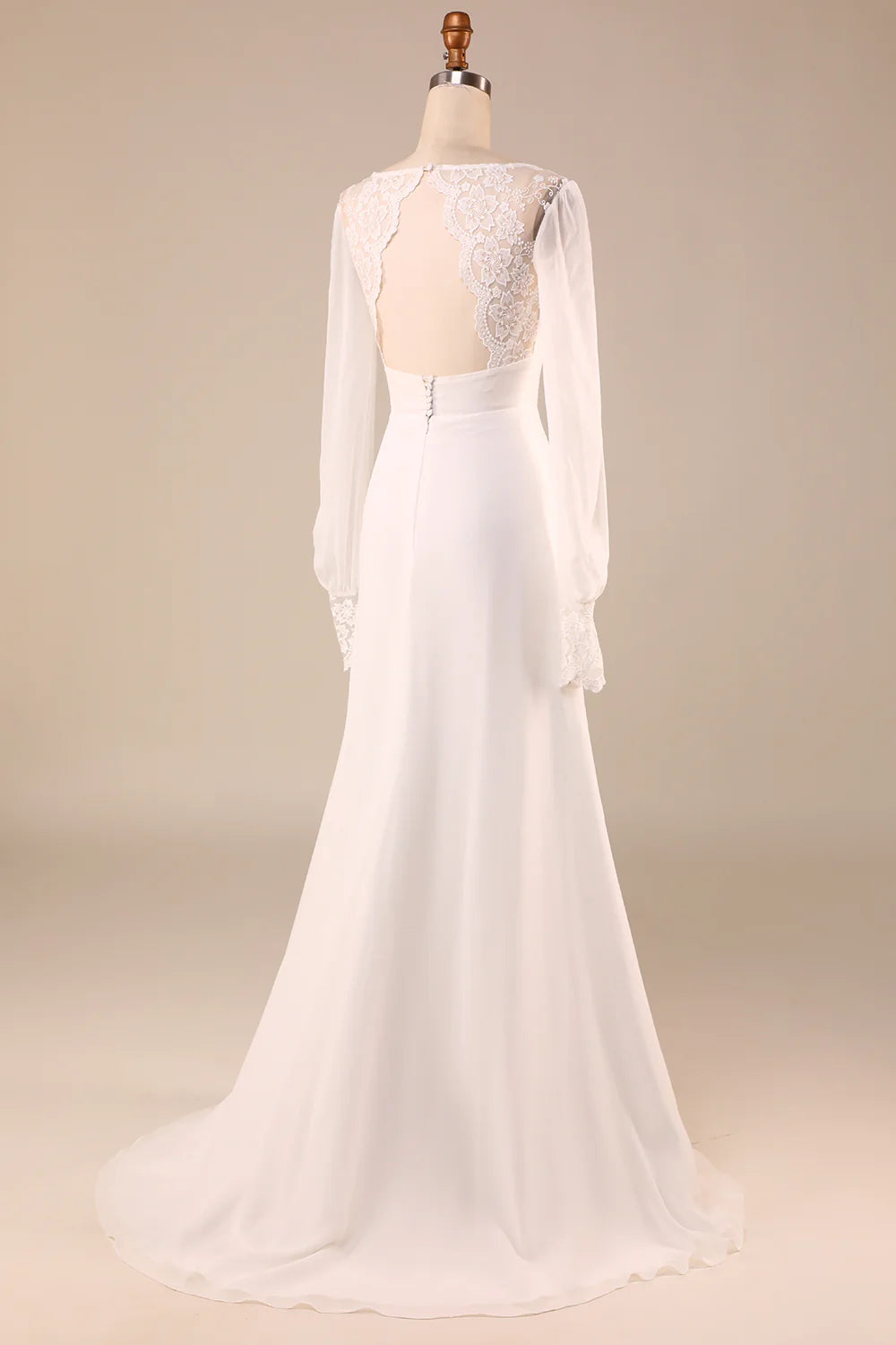 DingJiDress Ivory Long Sleeves Boho Chiffon Open Back Wedding Dress