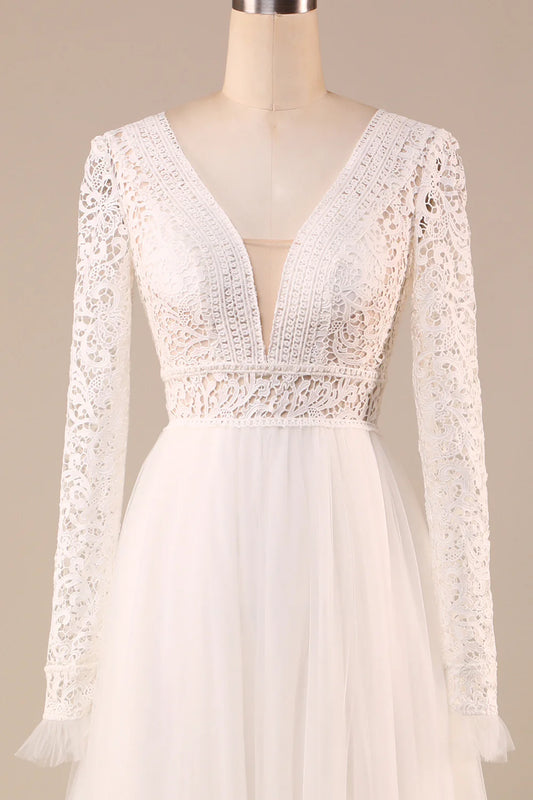 DingJiDress Ivory Long Sleeves Tulle A-Line Wedding Dress with Lace
