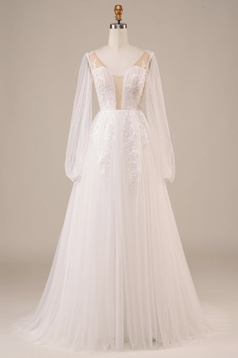 DingJiDress Long Sleeves Open Back Ivory Wedding Dress with Appliques