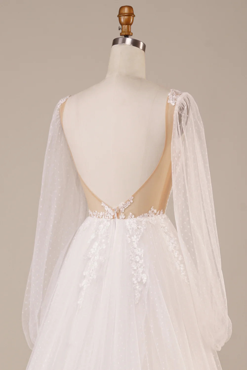 DingJiDress Long Sleeves Open Back Ivory Wedding Dress with Appliques