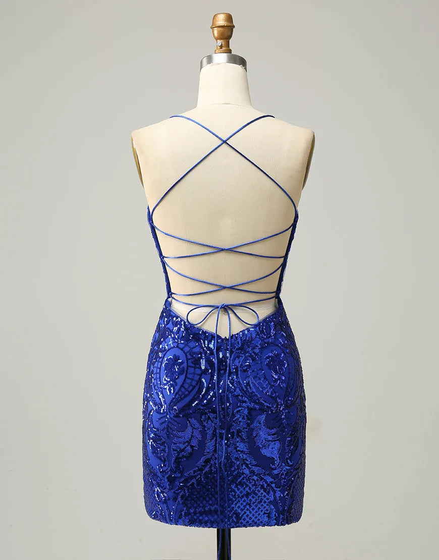 DingJiDress Royal Blue V-Neck Corset Back Homecoming Dress With Sequin