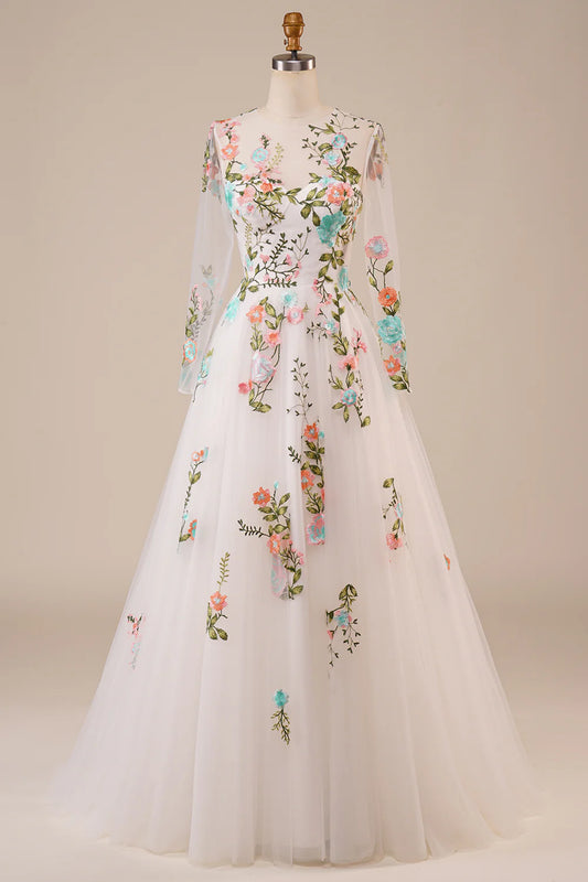 DingJiDress Tulle Long Sleeves Long Ivory Wedding Dress with Embroidery