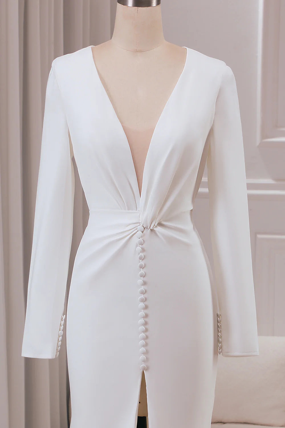 DingJiDress Ivory Deep V-neck Long Sleeves Crepe Mermaid Wedding Dress with Front Slit